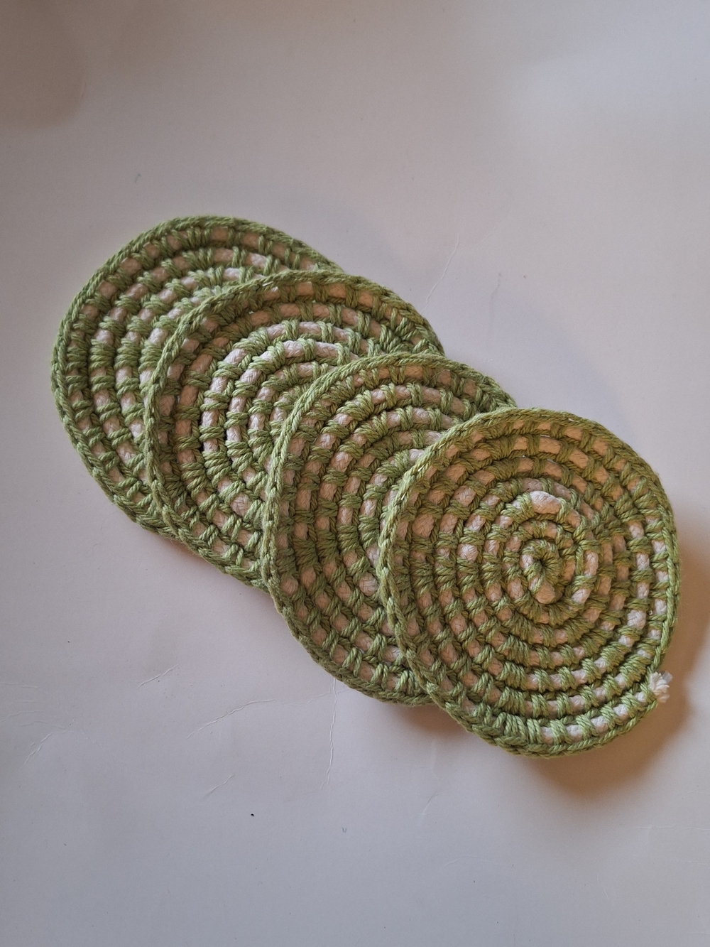 Green and Cream Crochet Round Coasters - Cotton Set Of 4